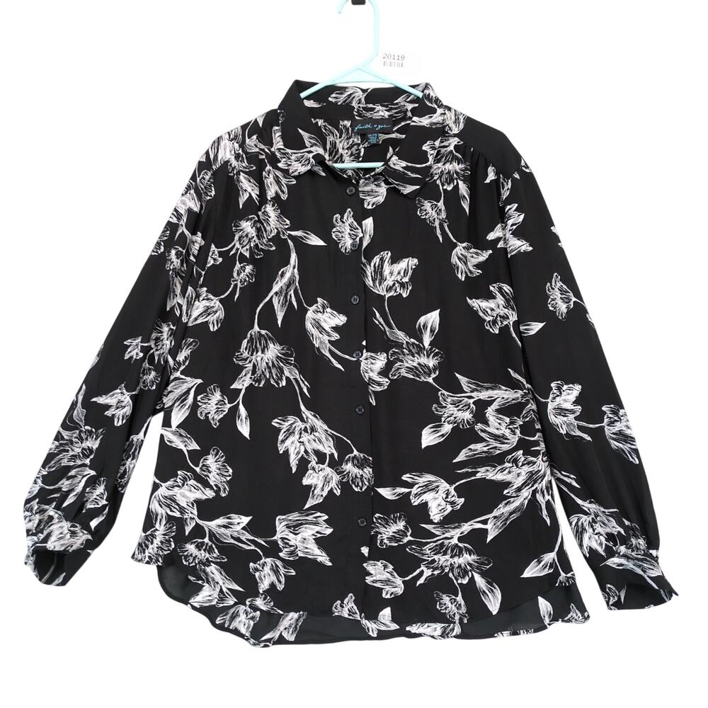 Faith & Zoe Women's Plus Size 2X Black White Floral Sheer‎ Button Up Blouse Top